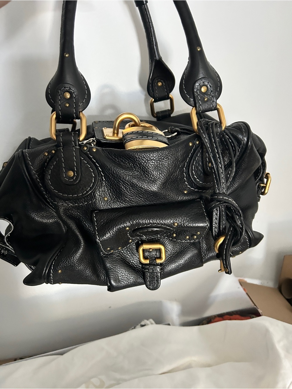 Chloe Black Leather Shoulder Bag with Gold Hardware Accents